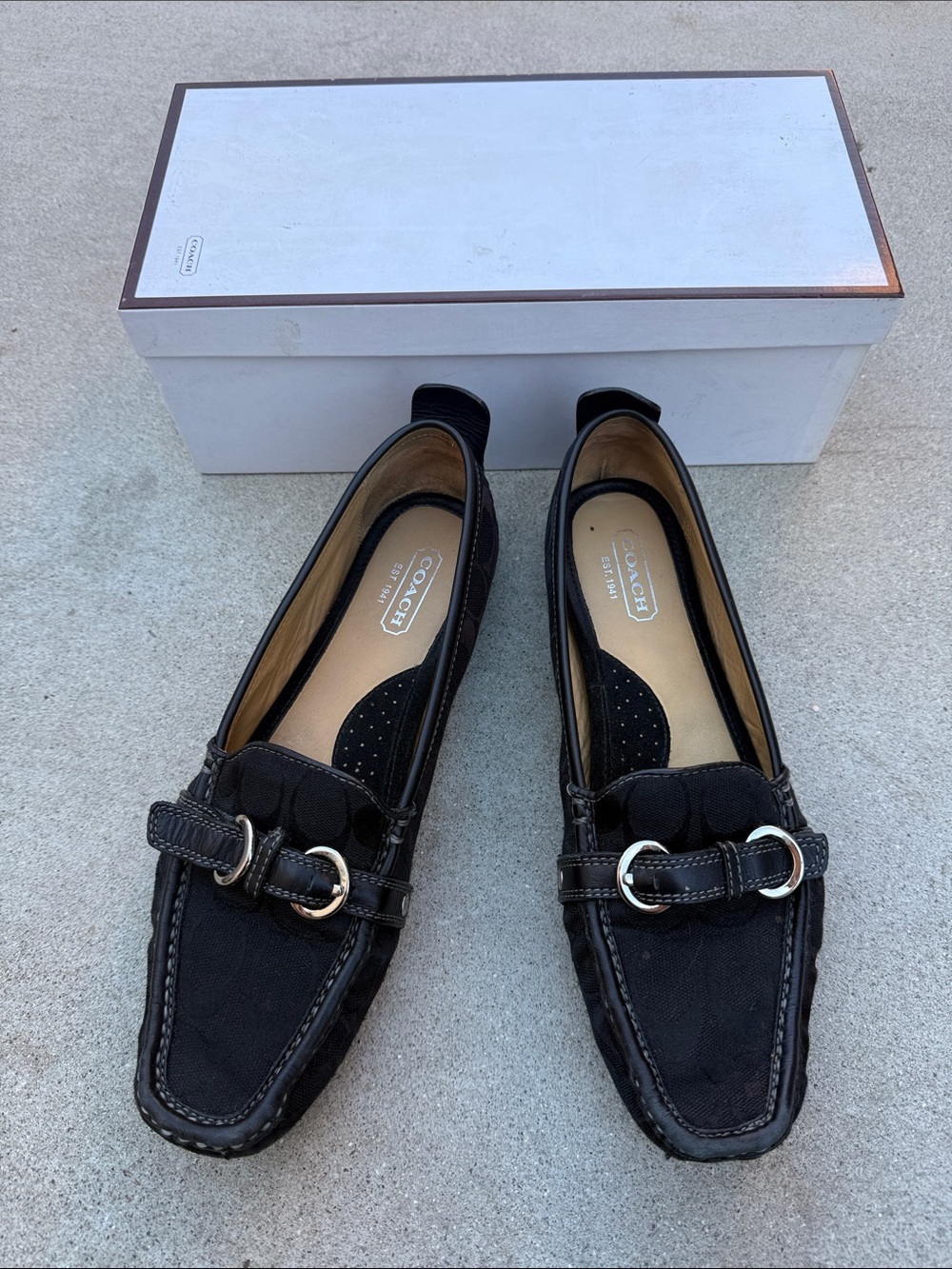 COACH Jillian Black Leather & Fabric Women's Loafers with Silver Hardware